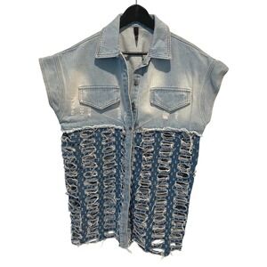 H4 Distressed Denim Sleeveless Ripped Raw Edge Jean Vest Women's Fashion Size 36